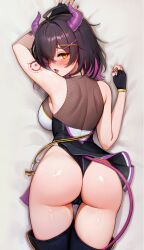 Rule 34 | 1girl, absurdres, ahoge, arm tattoo, ass, bandaid, bandaid on face, bandaid on nose, black hair, blush, breasts, clickdraws, dakimakura (medium), demon girl, demon horns, demon tail, fingerless gloves, gloves, highres, horns, indie virtual youtuber, large breasts, leotard, looking at viewer, lying, multicolored hair, on stomach, open mouth, purple hair, rainhoe, solo, tail, tattoo, thighhighs, tongue, tongue out, two-tone hair, virtual youtuber, yellow eyes