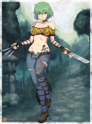 Rule 34 | 10s, 1girl, :p, absurdres, bandeau, bare shoulders, belt, between fingers, bracelet, breasts, choker, chuunioniika, cleavage, denim, full body, green hair, highres, hikage (senran kagura), holding, jeans, jewelry, knife, large breasts, machete, midriff, navel, no panties, open belt, open fly, pants, senran kagura, short hair, slit pupils, solo, strapless, tattoo, throwing knife, tongue, tongue out, torn clothes, torn jeans, torn pants, tube top, unbuckled, unbuttoned, unzipped, vambraces, weapon, yellow eyes, zipper, zipper pull tab