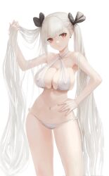 Rule 34 | 1girl, absurdres, azur lane, bare shoulders, bikini, blush, breasts, cleavage, collarbone, commentary, criss-cross halter, dolri, formidable (azur lane), hair ribbon, halterneck, highres, holding, holding own hair, large breasts, long hair, looking at viewer, navel, red eyes, ribbon, smile, solo, swimsuit, thighs, twintails, very long hair, white bikini, white hair