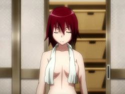 Rule 34 | 1girl, animated, animated gif, bath, bathroom, blue eyes, blush, bouncing breasts, breasts, embarrassed, looking at viewer, medium breasts, nude, rail wars!, red hair, sakurai aoi, screencap, short hair, solo, towel, towel around neck, towel over breasts, upper body