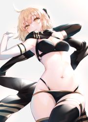 Rule 34 | 1girl, ahoge, asymmetrical gloves, bikini, black bikini, black bow, black gloves, black scarf, black thighhighs, bow, breasts, cleavage, elbow gloves, fate/grand order, fate (series), gloves, grey background, groin, hair between eyes, hair bow, hakuishi aoi, hands up, highleg, highleg bikini, layered bikini, light brown hair, looking at viewer, lying, medium breasts, mismatched gloves, navel, okita j. souji (fate), okita j. souji (first ascension) (fate), okita souji (fate), okita souji (koha-ace), on back, parted lips, scarf, simple background, solo, swimsuit, thighhighs, white gloves, yellow eyes