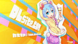 Rule 34 | 1girl, :d, ahoge, animal hood, blue eyes, blue hair, blush, dlsite.com, elle sweet, food, from side, hair between eyes, highres, holding, holding food, hood, hood up, hoodie, ice cream, ice cream cone, looking at viewer, open mouth, pocky, short hair, sidelocks, smile, solo, tail, tetsubuta, wallpaper, watermark, web address
