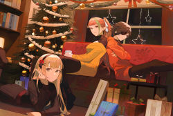 Rule 34 | 3girls, amelia (mahou arms), black hairband, black sweater, bookshelf, brown eyes, brown hair, christmas tree, cleavage cutout, clothing cutout, commentary, english commentary, eyepatch, flower, green hair, grey eyes, hair flower, hair ornament, hairband, highres, long hair, looking at viewer, mahou arms, multicolored hair, multiple girls, orange hair, pembiklimon, piro (mahou arms), ponytail, red flower, red rose, ribbed sweater, rose, short hair, sitting, smile, streaked hair, susan (mahou arms), sweater, window, yellow sweater