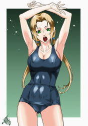Rule 34 | 1girl, armpits, arms up, blonde hair, breasts, cleavage, colorized, covered erect nipples, cowboy shot, green background, green eyes, long hair, medium breasts, naruto, naruto (series), one-piece swimsuit, outside border, pierre norano, school swimsuit, simple background, skin tight, solo, standing, swimsuit, third-party edit, tsunade (naruto), very long hair