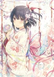 Rule 34 | 1girl, 6u (eternal land), absurdres, bug, butterfly, closed mouth, floral print, from side, hair ornament, highres, holding, insect, japanese clothes, kimono, looking at viewer, original, petals, sash, scan, smile, solo, wide sleeves