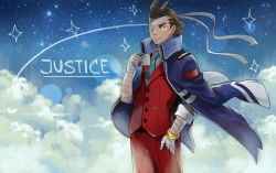 Rule 34 | 1boy, ace attorney, ahoge, apollo justice, bandage over one eye, bandages, blue background, blue necktie, bracelet, brown eyes, brown hair, cloud, cowboy shot, greyradian, jacket, jacket on shoulders, jewelry, male focus, necktie, pants, phoenix wright: ace attorney - dual destinies, red pants, serious, sky, solo, stephanie lee
