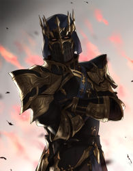 Rule 34 | 1boy, armor, breastplate, brown eyes, commentary, commentary request, crossed arms, final fantasy, final fantasy xiv, fire, fray myste, full armor, gauntlets, gold trim, helm, helmet, highres, houtengeki, looking at viewer, male focus, pauldrons, sash, shoulder armor, simple background, solo, source request, spiked helmet, tagme, upper body