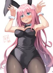 Rule 34 | 1girl, 2023, @ @, absurdres, animal ears, armpits, bare shoulders, black bow, black bowtie, black leotard, black pantyhose, blue eyes, blush, bocchi the rock!, bow, bowtie, breasts, chinese zodiac, cleavage, collar, commentary, commentary request, curvy, dated, eyes visible through hair, fake animal ears, furrowed brow, gluteal fold, gotoh hitori, hair between eyes, hair spread out, hands up, highres, kajitsu no hito, large breasts, leotard, long hair, nervous, open mouth, pantyhose, pink hair, playboy bunny, rabbit ears, rabbit pose, sailor collar, shaded face, sidelocks, signature, simple background, solo, standing, sweat, tears, very long hair, white background, white collar, white sailor collar, year of the rabbit
