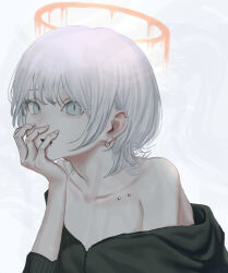 Rule 34 | 1girl, absurdres, bare shoulders, black jacket, collarbone, collarbone piercing, ear piercing, earrings, fangs, green eyes, halo, hand on own face, highres, jacket, jewelry, kyano (kyanora3141), looking at viewer, melting halo, mouth piercing, off shoulder, open mouth, original, piercing, pink halo, short hair, slit pupils, solo, teeth, upper body, upper teeth only, white background, white hair