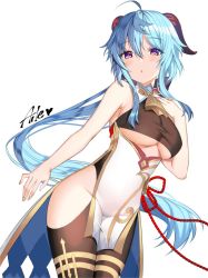 Rule 34 | 1girl, :o, ahoge, aile (crossroads), arm at side, artist name, bare arms, bare shoulders, bell, black bodysuit, blue hair, blush, bodysuit, breasts, clothing cutout, cowboy shot, dutch angle, floating hair, ganyu (genshin impact), genshin impact, goat horns, groin, hair between eyes, hand on own chest, highres, hip vent, horns, large breasts, long hair, looking at viewer, low ponytail, neck bell, pelvic curtain, purple eyes, sidelocks, solo, swept bangs, underboob, white background