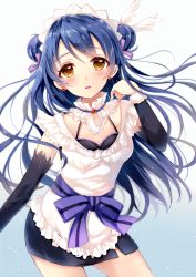 Rule 34 | 10s, 1girl, alternate hairstyle, blue hair, blush, breasts, contrapposto, detached sleeves, double bun, earrings, frills, fur trim, glint, gradient background, hair bun, jewelry, long hair, long sleeves, looking at viewer, love live!, love live! school idol project, maid, maid headdress, medium breasts, mogyutto &quot;love&quot; de sekkin chuu!, open mouth, pencil skirt, ribbon, sakura hiyori, skirt, solo, sonoda umi, standing, very long hair, wrist ribbon, yellow eyes