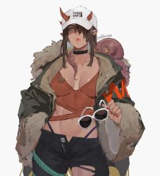 Rule 34 | 1girl, animal, animal on shoulder, baseball cap, black choker, black pants, breasts, brown hair, choker, cleavage, collarbone, dark-skinned female, dark skin, fingernails, fur-trimmed jacket, fur trim, hair over one eye, hand in pocket, hat, highleg, highleg panties, highres, horns, horns through headwear, jacket, large breasts, lips, lipstick, looking at viewer, makeup, midriff, nail polish, navel, no bra, octopus, oni, oni horns, open clothes, open fly, open jacket, original, panties, pants, plunging neckline, pointy ears, puckered lips, red horns, red nails, solo, stomach, sunglasses, thighs, toned, torn clothes, torn pants, twitter username, type-alpha, underwear, unworn eyewear, v-neck, white-framed eyewear, white background, white hat, wide sleeves, yellow eyes