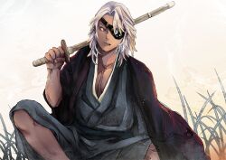 Rule 34 | 1boy, black jacket, blue kimono, brown eyes, chin, collarbone, commentary request, eyepatch, frown, grass, haori, highres, holding, holding sword, holding weapon, jacket, jacket on shoulders, japanese clothes, kimetsu no yaiba, kimono, long sleeves, male focus, medium hair, one-eyed, open mouth, over shoulder, pectoral cleavage, pectorals, ranko no ane, short kimono, sitting, sleeves past elbows, solo, sword, teeth, uzui tengen, v-neck, wavy mouth, weapon, weapon over shoulder, white background, white hair, wind