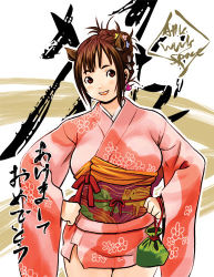 Rule 34 | 1girl, akeome, cowboy shot, hands on own hips, happy new year, japanese clothes, kimono, lowres, new year, ryoji (nomura ryouji), short kimono, solo
