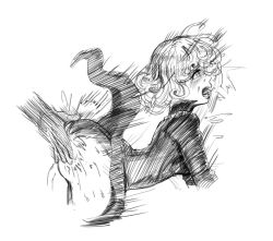 Rule 34 | 1girl, ass, bare legs, bent over, clothed sex, cropped legs, curly hair, dress, gloves, impossible clothes, impossible dress, long sleeves, monochrome, one-punch man, open mouth, pain, sketch, spanked, tatsumaki, tongue, tongue out