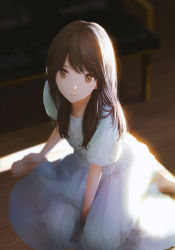 Rule 34 | 1girl, barefoot, brown eyes, brown hair, closed mouth, dress, floor, highres, indoors, long hair, looking at viewer, looking up, ojay tkym, original, pleated dress, short sleeves, sitting, on floor, solo, sunlight, wariza, white dress