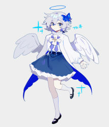 Rule 34 | 1girl, angel wings, black footwear, blue bow, blue eyes, blue skirt, bow, closed mouth, commission, copyright request, diffraction spikes, full body, grey background, grey hair, hair between eyes, hair bow, halo, highres, huasha, kneehighs, layered skirt, long skirt, looking at viewer, mary janes, messy hair, shirt, shirt tucked in, shoes, short hair, simple background, skirt, socks, solo, standing, standing on one leg, white shirt, white socks, white wings, wings