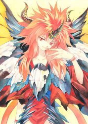 Rule 34 | 1girl, agahari, butterfly wings, horns, insect wings, long hair, looking at viewer, red eyes, red hair, riemsianne, sega, shining (series), shining force exa, smile, solo, wings