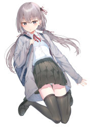 Rule 34 | 1girl, bag, black footwear, black skirt, black thighhighs, blush, cardigan, commentary request, crossed bangs, eyelashes, full body, grey cardigan, grey eyes, grey hair, hair ribbon, hand up, highres, leaning back, loafers, long hair, looking at viewer, low twintails, namikishiho, neck ribbon, open mouth, original, panties, pantyshot, pleated skirt, red ribbon, revision, ribbon, school bag, school uniform, shadow, shirt, shoes, simple background, skirt, sleeves past wrists, solo, thighhighs, twintails, underwear, white background, white panties, white shirt, zettai ryouiki