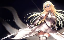 Rule 34 | 1girl, armor, armored dress, bare shoulders, blonde hair, breasts, bu li, chain, copyright name, elbow gloves, fate/apocrypha, fate/grand order, fate (series), gauntlets, glint, gloves, greaves, headpiece, highres, holding, holding sword, holding weapon, jeanne d&#039;arc (fate), jeanne d&#039;arc (ruler) (fate), jeanne d&#039;arc (third ascension) (fate), long hair, looking away, medium breasts, parted lips, solo, sword, thighhighs, weapon, white thighhighs