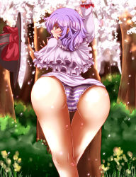 Rule 34 | 1girl, against tree, ass, blush, bush, cameltoe, crossed legs, forest, grass, hat, highres, long sleeves, looking at viewer, looking back, nagae iku, nature, open mouth, panties, purple hair, red eyes, short hair, sitting, solo, standing, striped clothes, striped panties, sweatdrop, thigh gap, touhou, tree, underwear, zan (harukahime)