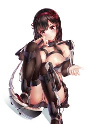 Rule 34 | 1girl, absurdres, ankle boots, arm warmers, bad id, bad pixiv id, black footwear, black hair, black thighhighs, blush, boots, breasts, closed mouth, flower, hair flower, hair ornament, hairband, head tilt, high heel boots, high heels, highres, large breasts, machinery, nipple slip, nipples, original, panties, red eyes, red flower, red rose, revealing clothes, rose, simple background, smile, solo, thighhighs, underwear, white panties, wire, zomzomzomsauce