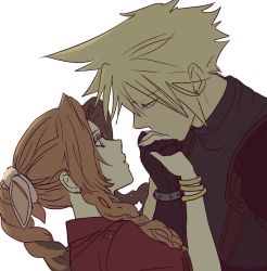 Rule 34 | 1boy, 1girl, aerith gainsborough, armor, black gloves, blonde hair, blue eyes, blue shirt, bracelet, braid, brown hair, cloud strife, earrings, final fantasy, final fantasy vii, final fantasy vii remake, gloves, green eyes, hair between eyes, hair ribbon, hetero, highres, holding hands, jacket, jewelry, kissing hand, long hair, looking at another, parted bangs, pink ribbon, red jacket, ribbon, shirt, short hair, shoulder armor, sidelocks, single earring, sleep junky, sleeveless, sleeveless turtleneck, spiked hair, square enix, suspenders, turtleneck, upper body, wavy hair, white background