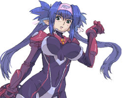 Rule 34 | 00s, 1girl, bad id, bad pixiv id, blue hair, bodysuit, breasts, covered erect nipples, green eyes, headband, klan klein, koma (qqq111), large breasts, long hair, macross, macross frontier, multicolored clothes, pointy ears, purple bodysuit, solo, twintails