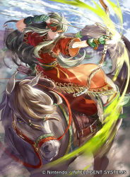 Rule 34 | 1girl, bow (weapon), copyright name, fingerless gloves, fire emblem, fire emblem: the binding blade, fire emblem cipher, firing, gloves, green eyes, green hair, headband, horse, horseback riding, long hair, matching hair/eyes, mayo (becky2006), nintendo, official art, quiver, riding, serious, short hair, solo, sue (fire emblem), traditional clothes, weapon