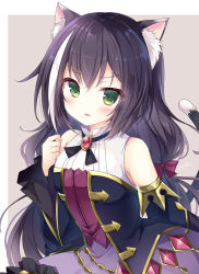 Rule 34 | 1girl, animal ear fluff, animal ears, bare shoulders, black dress, black hair, black ribbon, brooch, cat ears, cat girl, cat tail, detached sleeves, dress, gold trim, green eyes, hand up, jewelry, karyl (princess connect!), long hair, looking at viewer, multicolored hair, neck ribbon, parted lips, picpicgram, princess connect!, ribbon, solo, streaked hair, tail, upper body, v-shaped eyebrows, very long hair
