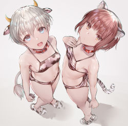 Rule 34 | 2girls, absurdres, animal ears, animal print, bare arms, bare legs, bare shoulders, bikini, blue eyes, blush, brown eyes, closed mouth, collarbone, cow ears, cow horns, cow print, cow tail, fake animal ears, fake horns, full body, grey background, hair between eyes, highres, horns, interstellar, kantai collection, looking at viewer, multiple girls, navel, open mouth, red hair, shoes, short hair, simple background, smile, swimsuit, tail, tiger ears, tiger print, tiger tail, white bikini, white hair, z1 leberecht maass (kancolle), z3 max schultz (kancolle)