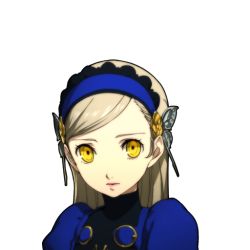 Rule 34 | 10s, 1girl, blonde hair, blue dress, blue hairband, bug, butterfly, butterfly hair ornament, closed mouth, dress, expressionless, facing viewer, female focus, hair ornament, hairband, insect, lavenza (persona 5), long hair, looking at viewer, official art, persona, persona 5, simple background, solo, upper body, white background, yellow eyes