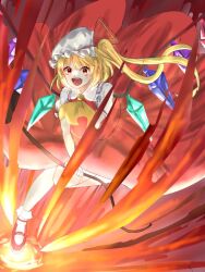 Rule 34 | 1girl, ascot, blonde hair, crystal wings, dress, fire, flandre scarlet, full body, happy, hat, hat ribbon, laevatein (touhou), mary janes, medium hair, mira (user51587789), mob cap, open mouth, red dress, red eyes, red ribbon, ribbon, shoes, side ponytail, solo, touhou, yellow ascot