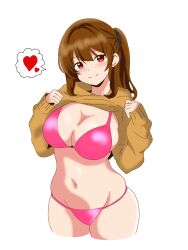 Rule 34 | 1girl, bikini, breasts, brown hair, brown sweater, cleavage, clothes lift, cropped legs, groin, heart, highres, kinako mochi (pixiv100419090), large breasts, lifted by self, long hair, navel, one side up, original, pink bikini, red eyes, simple background, solo, spoken heart, sweater, sweater lift, swimsuit, white background