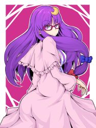 Rule 34 | 1girl, ass, bespectacled, breasts, crescent, crescent hair ornament, dress, female focus, glasses, hair ornament, hair ribbon, ishimu, large breasts, long hair, looking back, patchouli knowledge, purple eyes, purple hair, ribbon, solo, touhou