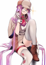 Rule 34 | 1girl, ankle boots, argyle, argyle clothes, argyle legwear, belt, boots, breasts, brown capelet, brown footwear, capelet, cosplay, cross-laced footwear, deerstalker, detective, doushimasho, fate/stay night, fate (series), female focus, forehead, glasses, gloves, hat, highres, lace-up boots, large breasts, long hair, looking at viewer, matching hair/eyes, medusa (fate), medusa (rider) (fate), medusa (those eyes let none get away) (fate), parted bangs, purple eyes, purple hair, sherlock holmes, sherlock holmes (cosplay), sidelocks, sitting, solo, square pupils, thigh belt, thigh strap, thighhighs, very long hair, white gloves, wrist cuffs