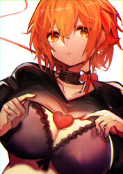 Rule 34 | 1girl, absurdres, black choker, black shirt, bra, breasts, choker, cleavage, clothes lift, dangle earrings, earrings, hair between eyes, heart, highres, jewelry, lace, lace-trimmed bra, lace trim, large breasts, light blush, looking at viewer, orange eyes, orange hair, original, parted lips, shirt, shirt lift, short hair, solo, string, tarbo (exxxpiation), underwear, upper body, valentine, white background