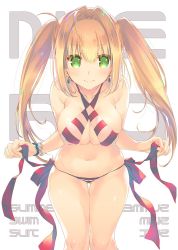 Rule 34 | 1girl, ahoge, bikini, blonde hair, bracelet, breasts, cleavage, criss-cross halter, earrings, fate/grand order, fate (series), green eyes, hair intakes, halterneck, jewelry, large breasts, leaning forward, long hair, mitsumi misato, navel, nero claudius (fate), nero claudius (fate) (all), nero claudius (swimsuit caster) (fate), side-tie bikini bottom, skindentation, smile, solo, striped bikini, striped clothes, swimsuit, twintails