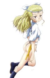 Rule 34 | 1girl, absurdres, ass, assam (girls und panzer), blonde hair, blue eyes, blush, breasts, closed mouth, fundoshi, girls und panzer, highres, hiyama yuu (wee259hiyama), japanese clothes, long hair, looking at viewer, mizu happi, shiny skin, signature, simple background, small breasts, solo, white background