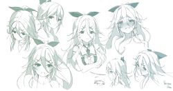 Rule 34 | 10s, 1girl, artist name, azumi akitake, bare shoulders, blush, bow, character name, crying, expressions, from above, from side, hair between eyes, hair bow, hair ornament, hairclip, highres, kantai collection, long hair, looking at viewer, monochrome, open mouth, ponytail, sailor collar, simple background, sketch, white background, wince, yamakaze (kancolle)
