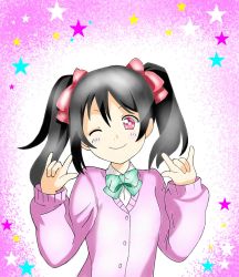 Rule 34 | 1girl, artist name, artist request, black hair, blue skirt, blush, bow, bowtie, breasts, cardigan, collared shirt, female focus, green bow, green bowtie, hair bow, highres, long sleeves, looking at viewer, love live!, love live! school idol project, miwataro (pikapikafree1), nico nico nii, one eye closed, otonokizaka school uniform, parted lips, pink cardigan, red bow, red eyes, school uniform, shirt, short hair, skirt, small breasts, smile, solo, striped bow, striped bowtie, striped clothes, twintails, yazawa nico