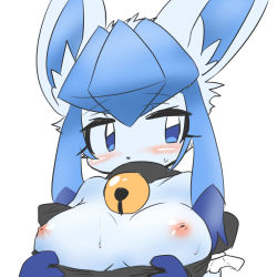 Rule 34 | 1girl, animal ear fluff, animal nose, bad id, bad pixiv id, bell, blue eyes, blue fur, blue hair, blush, body fur, breasts, commentary request, creatures (company), embarrassed, furry, furry female, game freak, gen 4 pokemon, glaceon, highres, looking to the side, medium breasts, nintendo, nipples, opurimasin, pokemon, pokemon (creature), puffy short sleeves, puffy sleeves, short sleeves, simple background, solo, sweat, upper body