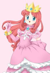 Rule 34 | 1girl, :d, blue eyes, bracelet, breasts, brooch, crown, dress, elbow gloves, frilled dress, frills, gloves, hand up, jewelry, long hair, nintendo, nonamejd, open mouth, parted bangs, pink background, pink dress, pink gloves, princess, princess shokora, puffy short sleeves, puffy sleeves, red hair, short sleeves, simple background, small breasts, smile, solo, turtleneck, wario land, wario land 4, yellow headwear
