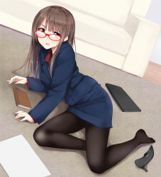Rule 34 | 1girl, belted, belted dress, black pantyhose, blush, book, brown eyes, brown hair, clasped dress, couch, dress, fallen down, feet, formal, glasses, high heels, jacket, legs, long hair, lying, masamuuu, office lady, on side, open mouth, original, pantyhose, paper, pencil skirt, red-framed eyewear, shoes, unworn shoes, skirt, skirt suit, solo, suit, tight clothes, tight dress
