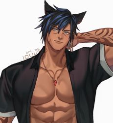 Rule 34 | 1boy, abs, animal ears, arm tattoo, artist name, warrior of light (ff14), black shirt, blue eyes, blue hair, chain, chain necklace, closed mouth, collarbone, commission, dark-skinned male, dark skin, earrings, facial mark, final fantasy, final fantasy xiv, hair between eyes, highres, jewelry, jouvru, looking at viewer, male focus, muscular, necklace, open clothes, open shirt, pectorals, shirt, short sleeves, smile, solo, tattoo, thick eyebrows, upper body, white background