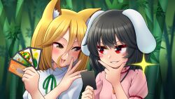 Rule 34 | 2girls, animal ear fluff, animal ears, bamboo, bamboo forest, blonde hair, blush, blush stickers, card, carrot necklace, commentary request, dress, floppy ears, forest, fox ears, fox girl, green ribbon, grin, hair between eyes, hand on own chin, highres, holding, holding card, inaba tewi, jewelry, kudamaki tsukasa, long bangs, looking to the side, mandarin collar, medium bangs, miracle mallet, multiple girls, nature, neck ribbon, necklace, pink dress, puffy short sleeves, puffy sleeves, rabbit ears, rabbit girl, red eyes, ribbon, shirt, short hair, short sleeves, smile, sparkle, tatsu toyoyo, touhou, upper body, white shirt