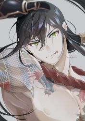 Rule 34 | 1boy, :q, black hair, chinese clothes, chinese commentary, commentary request, dragon tattoo, fate/grand order, fate (series), flower tattoo, gauntlets, green eyes, grey background, hair between eyes, highres, licking lips, long hair, long sleeves, looking at viewer, male focus, nipples, nvy xxx, pixiv id, ponytail, signature, simple background, solo, tattoo, toned, toned male, tongue, tongue out, topless male, twitter username, upper body, very long hair, yan qing (fate)