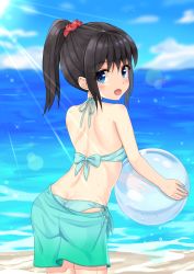 Rule 34 | 1girl, :d, ass, bad id, bad pixiv id, ball, bare arms, bare shoulders, beachball, bikini, black hair, blue eyes, blue sky, blurry, blurry background, blush, butt crack, cloud, commentary request, day, depth of field, green bikini, hair between eyes, halterneck, high ponytail, highres, holding, holding ball, horizon, leaning forward, long hair, looking at viewer, looking back, ocean, open mouth, original, outdoors, ponytail, sand, sarong, side-tie bikini bottom, sidelocks, sky, smile, solo, sutei (xfzdarkt), swimsuit, transparent, water, water drop, wet