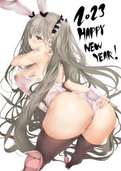 Rule 34 | 1girl, 2023, absurdres, animal ears, ass, azur lane, backless outfit, chinese zodiac, fake animal ears, fake tail, formidable (azur lane), frontal wedgie, grey hair, hand on own ass, hand on own cheek, hand on own face, happy new year, high heels, highres, leaning forward, leotard, long hair, new year, nipples, partially visible vulva, playboy bunny, rabbit ears, rabbit tail, strapless, strapless leotard, tail, twintails, ushiro muki, very long hair, wedgie, white leotard, wrist cuffs, year of the rabbit