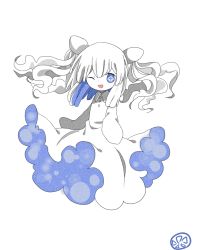 +_+ 1girl bad_id bad_pixiv_id blue_theme dress female_focus funamusea funamusea_(style) jellyfish looking_at_viewer monochrome monster_girl multiple_monochrome muxiyou one_eye_closed oounabara_to_wadanohara pulmo simple_background smile solo swept_bangs symbol-shaped_pupils two_side_up white_background white_dress white_hair white_theme